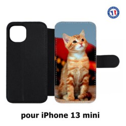 Etui cuir pour iPhone 13 mini Adorable chat - chat robe cannelle