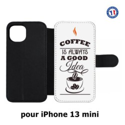 Etui cuir pour iPhone 13 mini Coffee is always a good idea - fond blanc