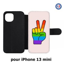 Etui cuir pour iPhone 13 mini Rainbow Peace LGBT - couleur arc en ciel Main Victoire Paix LGBT