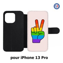 Etui cuir pour iPhone 13 Pro Rainbow Peace LGBT - couleur arc en ciel Main Victoire Paix LGBT