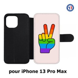 Etui cuir pour Iphone 13 PRO MAX Rainbow Peace LGBT - couleur arc en ciel Main Victoire Paix LGBT