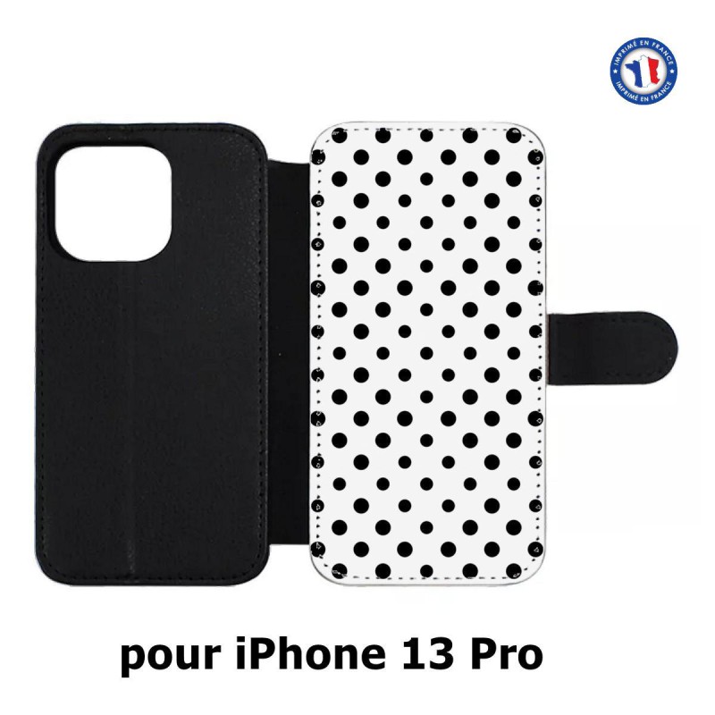 Etui cuir pour iPhone 13 Pro motif géométrique pattern noir et blanc - ronds noirs