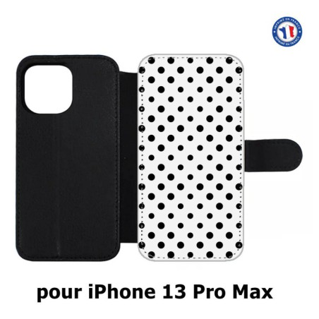 Etui cuir pour Iphone 13 PRO MAX motif géométrique pattern noir et blanc - ronds noirs