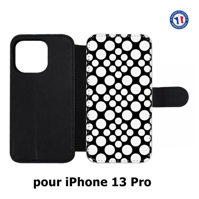 Etui cuir pour iPhone 13 Pro motif géométrique pattern N et B ronds blancs sur noir