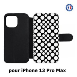 Etui cuir pour Iphone 13 PRO MAX motif géométrique pattern N et B ronds blancs sur noir