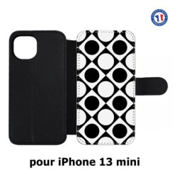 Etui cuir pour iPhone 13 mini motif géométrique pattern noir et blanc - ronds et carrés