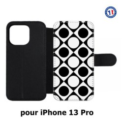 Etui cuir pour iPhone 13 Pro motif géométrique pattern noir et blanc - ronds et carrés