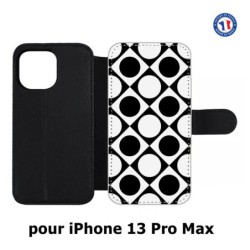 Etui cuir pour Iphone 13 PRO MAX motif géométrique pattern noir et blanc - ronds et carrés