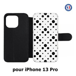 Etui cuir pour iPhone 13 Pro motif géométrique pattern noir et blanc - ronds noirs sur fond blanc