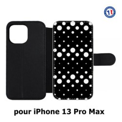 Etui cuir pour Iphone 13 PRO MAX motif géométrique pattern N et B ronds noir sur blanc