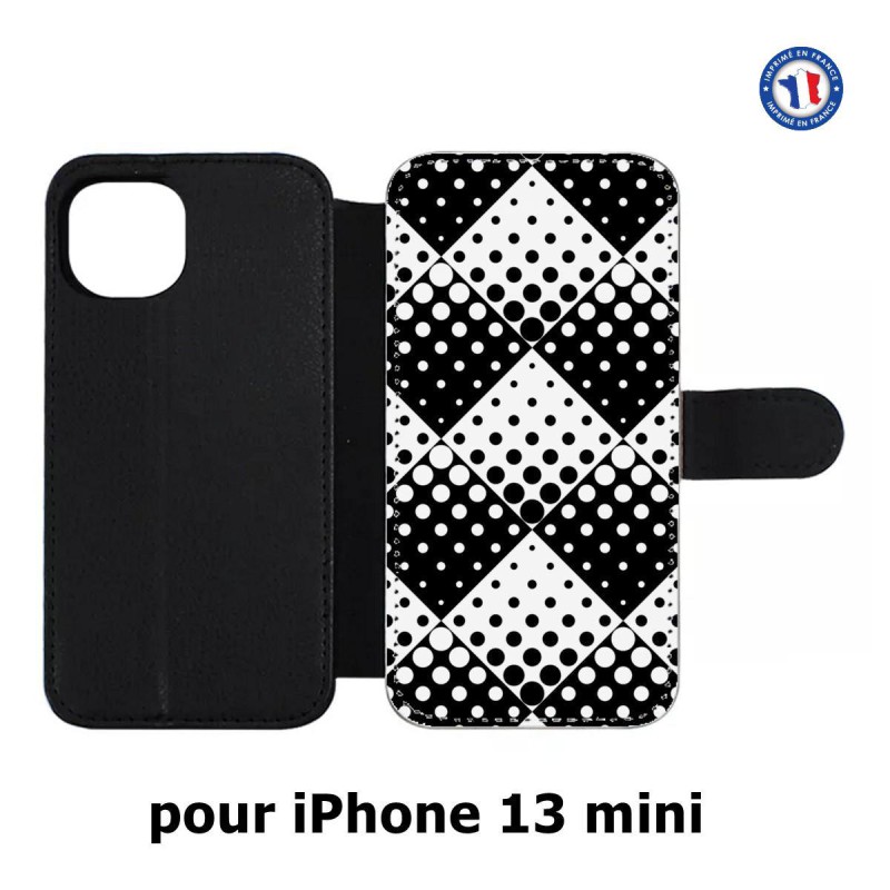 Etui cuir pour iPhone 13 mini motif géométrique pattern noir et blanc - ronds carrés noirs blancs