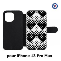 Etui cuir pour Iphone 13 PRO MAX motif géométrique pattern noir et blanc - ronds carrés noirs blancs