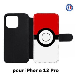 Etui cuir pour iPhone 13 Pro rond noir sur fond rouge et blanc