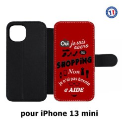 Etui cuir pour iPhone 13 mini ProseCafé© coque Humour : OUI je suis accro au Shopping