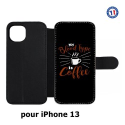 Etui cuir pour iPhone 13 My Blood Type is Coffee - coque café