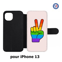 Etui cuir pour iPhone 13 Rainbow Peace LGBT - couleur arc en ciel Main Victoire Paix LGBT