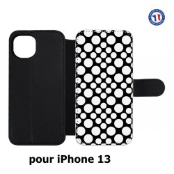 Etui cuir pour iPhone 13 motif géométrique pattern N et B ronds blancs sur noir