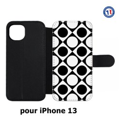 Etui cuir pour iPhone 13 motif géométrique pattern noir et blanc - ronds et carrés