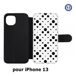 Etui cuir pour iPhone 13 motif géométrique pattern noir et blanc - ronds noirs sur fond blanc