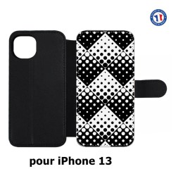 Etui cuir pour iPhone 13 motif géométrique pattern noir et blanc - ronds carrés noirs blancs