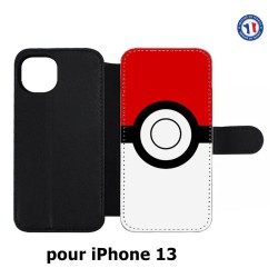 Etui cuir pour iPhone 13 rond noir sur fond rouge et blanc