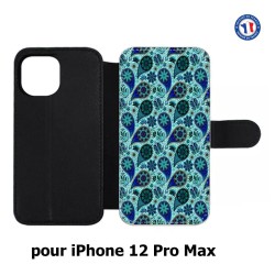 Etui cuir pour Iphone 12 PRO MAX Background cachemire motif bleu géométrique