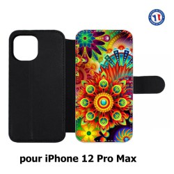 Etui cuir pour Iphone 12 PRO MAX Background mandala motif bleu coloré