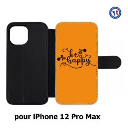Etui cuir pour Iphone 12 PRO MAX Be Happy sur fond orange - Soyez heureux - Sois heureuse - citation