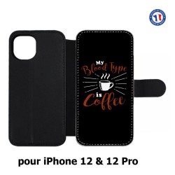 Etui cuir pour Iphone 12 et 12 PRO My Blood Type is Coffee - coque café