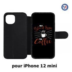 Etui cuir pour Iphone 12 MINI My Blood Type is Coffee - coque café