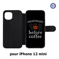 Etui cuir pour Iphone 12 MINI Nightmare before Coffee - coque café