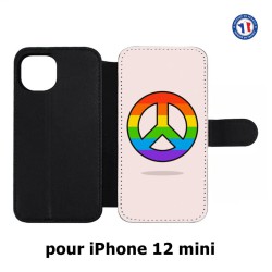 Etui cuir pour Iphone 12 MINI Peace and Love LGBT - couleur arc en ciel