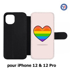 Etui cuir pour Iphone 12 et 12 PRO Rainbow hearth LGBT - couleur arc en ciel Coeur LGBT
