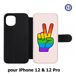 Etui cuir pour Iphone 12 et 12 PRO Rainbow Peace LGBT - couleur arc en ciel Main Victoire Paix LGBT