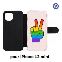 Etui cuir pour Iphone 12 MINI Rainbow Peace LGBT - couleur arc en ciel Main Victoire Paix LGBT