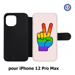 Etui cuir pour Iphone 12 PRO MAX Rainbow Peace LGBT - couleur arc en ciel Main Victoire Paix LGBT