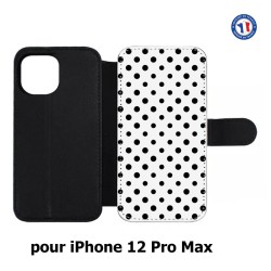 Etui cuir pour Iphone 12 PRO MAX motif géométrique pattern noir et blanc - ronds noirs