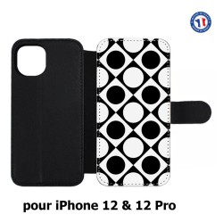 Etui cuir pour Iphone 12 et 12 PRO motif géométrique pattern noir et blanc - ronds et carrés