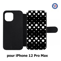 Etui cuir pour Iphone 12 PRO MAX motif géométrique pattern N et B ronds noir sur blanc
