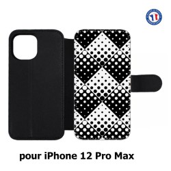 Etui cuir pour Iphone 12 PRO MAX motif géométrique pattern noir et blanc - ronds carrés noirs blancs
