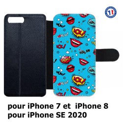 Etui cuir pour iPhone 7/8 et iPhone SE 2020 Background lol Kiss Me Wow Love U baiser amour bleu wallpaper