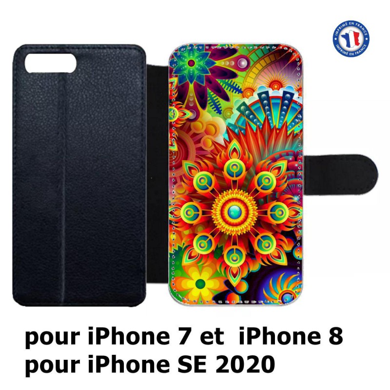 Etui cuir pour iPhone 7/8 et iPhone SE 2020 Background mandala motif bleu coloré