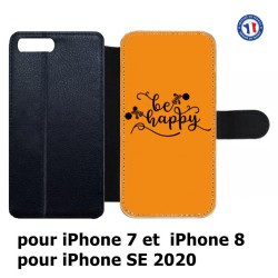 Etui cuir pour iPhone 7/8 et iPhone SE 2020 Be Happy sur fond orange - Soyez heureux - Sois heureuse - citation