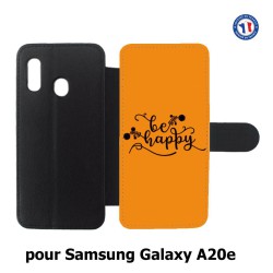 Etui cuir pour Samsung Galaxy A20e Be Happy sur fond orange - Soyez heureux - Sois heureuse - citation