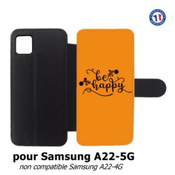 Etui cuir pour Samsung Galaxy A22 - 5G Be Happy sur fond orange - Soyez heureux - Sois heureuse - citation
