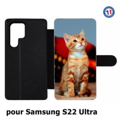 Etui cuir pour Samsung Galaxy S22 Ultra Adorable chat - chat robe cannelle