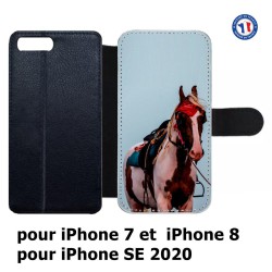 Etui cuir pour iPhone 7/8 et iPhone SE 2020 Coque cheval robe pie - bride cheval