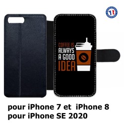 Etui cuir pour iPhone 7/8 et iPhone SE 2020 Coffee is always a good idea - fond noir