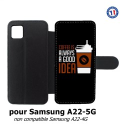 Etui cuir pour Samsung Galaxy A22 - 5G Coffee is always a good idea - fond noir