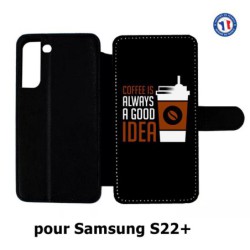 Etui cuir pour Samsung Galaxy S22 Plus Coffee is always a good idea - fond noir